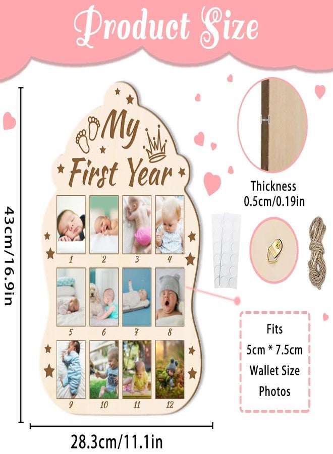 ORIGACH Baby Bottle Shape My First Year Baby Growth Photo Display Board, 12 Months Newborn Milestones Wood Keepsake Board for 1st Birthday & Nursery Decor,Crown & Footprint Pattern - Image 2